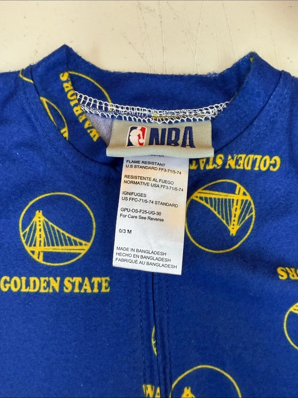 Golden State Warriors Blue & Yellow Baby One-Piece Pajamas size 0-3 months new